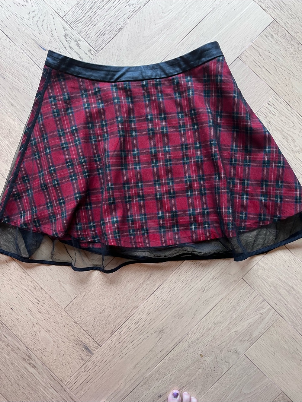Red Plaid Mini Skirt with Black Trim